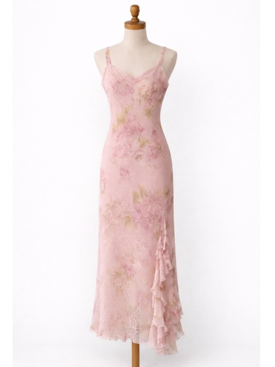 Vintage Dresses & Skirts - R&M Richards Vintage Petite Maxi Dress 6P Pink Floral Crinkle Chiffon Ruffle Hem